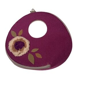 Purple Felt Round Zippered‎ Pouch with Embroidered Flower and Cutout Handle